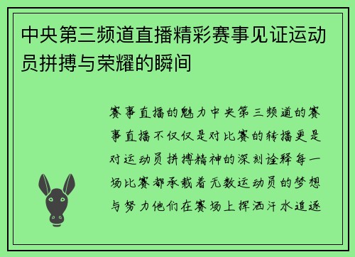 中央第三频道直播精彩赛事见证运动员拼搏与荣耀的瞬间