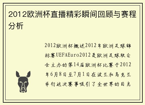 2012欧洲杯直播精彩瞬间回顾与赛程分析