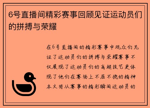 6号直播间精彩赛事回顾见证运动员们的拼搏与荣耀